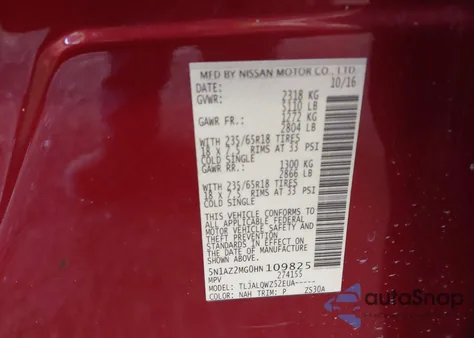 2017 Nissan Murano Platinum/S/Sl/Sv from USA, damaged, VIN 5N1AZ2MG0HN109825